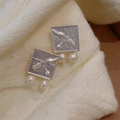 Elegant 925 silver needle relief square earrings with hanging white freshwater pearls - Silver Auspicious Relief