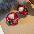 Orecchini vintage in argento 925 con smalto rosso e pietre preziose colorate - Fungo in smalto con gemme