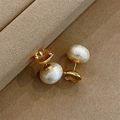 French style double-sided gold earrings featuring textured white pearl and amber crystal - E1118 Cotton Pearl Champagne Zirconia / Champagne / Cotton Pearl