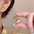 French style double-sided stud earrings with yellow crystal and large pink pearl detail - E0906 Crystal Champagne Pearl / Sparkling Zirconia / Champagne Pearl