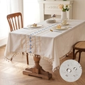 Waterproof linen tablecloth with blue geometric embroidery and elegant tassels - Blue Plaid