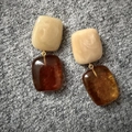 Retro resin geometric earrings with marble cream and amber brown double color splicing - Beige & Amber Color Block