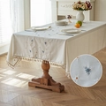 Beige cotton linen tablecloth with blue bee and daisy embroidery and tassels - Bee