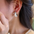 Modern C-shaped bicolored geometric stud earrings with matte silver and gold finish - Wide Brushed Crescent (E0663) / Silver