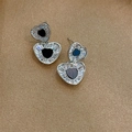 Französische Vintage-Herzohrringe mit Zirkonia-Mikrofassung und schwarzen Details - Zirkon Doppelherz / Silber