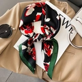 Retro silk square scarf with red floral patterns on black background, flat lay display - Black/Red Rose