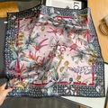 Elegant floral silk square scarf with pink botanical print and navy geometric border - 65x65cm / Pink