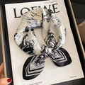 Elegant silk square scarf with black and white ink forest print and geometric border - 53*53cm / Beige-Black