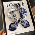 Blue and white Toile de Jouy silk scarf with satin finish on a fashion magazine - 53*53cm / Navy Blue