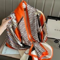 Elegant houndstooth silk scarf with vintage equestrian chain pattern in orange and cream - 180cm x 90cm / Orange