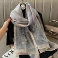 Detailed close-up of grey silk scarf with floral embroidery and metallic edges - Fashion Embroidered Patchwork Style (S-66-Gray) / 70*180cm / Gray