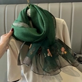 Detail of silk blend scarf featuring exquisite floral embroidery and shimmering gold edges - Fashion Embroidered Patchwork Style (S-66-Green) / 70*180cm / Green