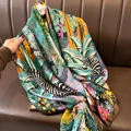 Satin silk scarf with vibrant tropical floral and zebra print designs in jungle theme - Green (F-312-1) / 90*180cm