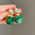 Orecchini 925 argento con cristallo quadrato e pendente verde texture malachite - Texture di Malachite Rotonda (E0134)