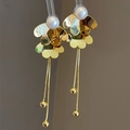 18K gold plated flower earrings with long fringe tassels and pearls in a refined design - Gold Pearl Flower Tassel