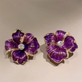 Detail of purple enamel flower earrings with crystal center and golden metal edges - Purple Flower