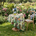 Floral oil painting style round tablecloth with green tassels in a garden setting - Secret Flower Realm Round / Diameter 110cm