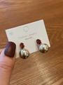 Elegant 925 silver stud earrings featuring a red gemstone and large golden pearl charm - 925 Silver Earring Post / E0184 Red Zirconia Champagne Pearl / Red / Champagne Pearl