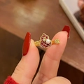Vintage Chinese red gourd open ring with pearl and ginkgo leaf in gold woven design - K87 Pearl Red Gourd