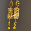 925 silver Chinese vintage floral relief earrings with golden tassels and amber beads - Lemon Yellow - Cloisonne Square Plate Tassel