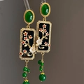 Detail of vintage flower plaque earrings with green gems and dangling beaded tassels - Ocean Green - Cloisonne Square Plate Tassel
