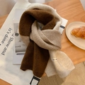 Thick color block knit scarf in coffee and beige tones on a warm wooden table - Coffee/Beige/Khaki