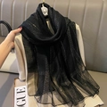 Elegant black silk blend scarf with vertical glitter sequins and sheer fabric texture - Black