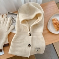Beigefarbene Grobstrick-Sturmhaube mit Knöpfen und passenden Handschuhen Set - Beige