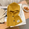 Detail of yellow chunky knit balaclava hood with buttons and matching warm gloves - Yellow