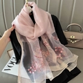 Pink silk blend scarf with floral embroidery and mesh splicing for women winter style - Pink / 70*180cm