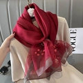 Detail of red silk blend scarf with delicate floral embroidery and sheer organza trim - Burgundy / 70*180cm