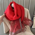 Detail of red silk blend scarf featuring floral embroidery and organza trim edges - 70x180cm / Red