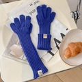 Detalle de guantes de punto acanalado azul con etiqueta de logo sobre fondo casual - Talla única / Azul Klein