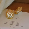 Vintage gold hollow grid earrings with pearls on aesthetic poem card display - Gold & White Pearl Grid Style (E2798)