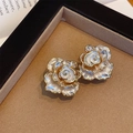 3D white enamel camellia earrings with gold plating and cubic zirconia accents - Cream White Rose
