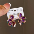 Vintage camellia stud earrings with deep purple enamel petals and gold plated trim - Purple Orchid