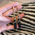 Long pearl drop earrings with gold irregular textured metal and black resin pendant - Black Drop Style (E1476)