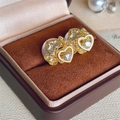 Golden heart-shaped pearl earrings with cubic zirconia in a brown velvet jewelry box - White Pearl (Gold Hollow Heart)