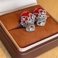 Elegant red pearl stud earrings with silver heart-shaped hollow frame and zircons - Red Pearl (Silver Hollow Heart)