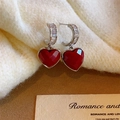 New Year red heart earrings with zircon inlay and silver hooks on cozy winter background - Silver Zircon Heart Style (E2908)