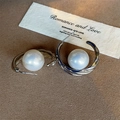 Silver twisted C-shape hoop earrings with large lustrous white pearls for women - Twist Edge White Pearl (E1280) / 15mm