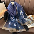 Fashionable dark blue silk blend scarf with elegant floral embroidery and gold edge - Fashion Embroidered Patchwork Style (S-66-Navy Blue) / 70*180cm / Navy Blue