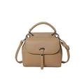 Retro tan leather crossbody bag with lychee texture and silver hardware on white background - Khaki