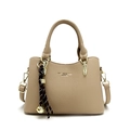 Chic beige lychee grain tote bag with dual handles and striped tassel charm decoration - Without Pendant / Khaki