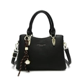 Black pebbled leather tote bag with gold logo and woven bell charm accessory - Without Pendant / Black