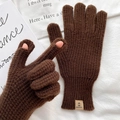 Brown knitted gloves with touch-screen open finger design and leather branded patch - One Size / Coffee