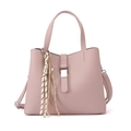 Pink lychee grain leather bucket bag with bow handle and elegant woven charm - Pink