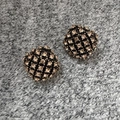 Round dome stud earrings featuring a black grid pattern with champagne crystals - Silver Base Square Champagne Rhinestone (E2915)