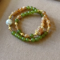 Double-layer green jasper beaded bracelet with yellow citrine and large white pearl charm - Jasper Sunstone