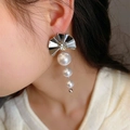 Elegant fan-shaped silver earrings with sparkling crystal and three tiered pearls - Silver